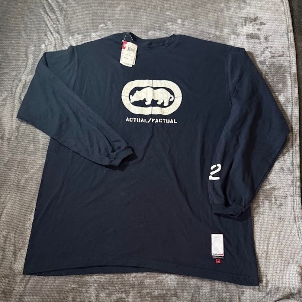 Ecko Unltd Mens XL Navy Blue Long Sleeve Graphic Tee Rhino Actual Factual 90s
